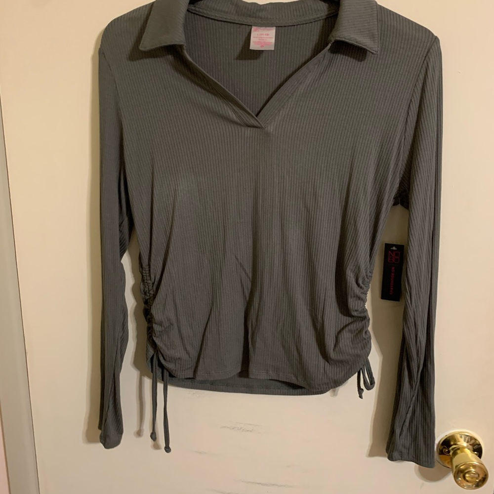 Green Ruched Tie Front Polo Blouse